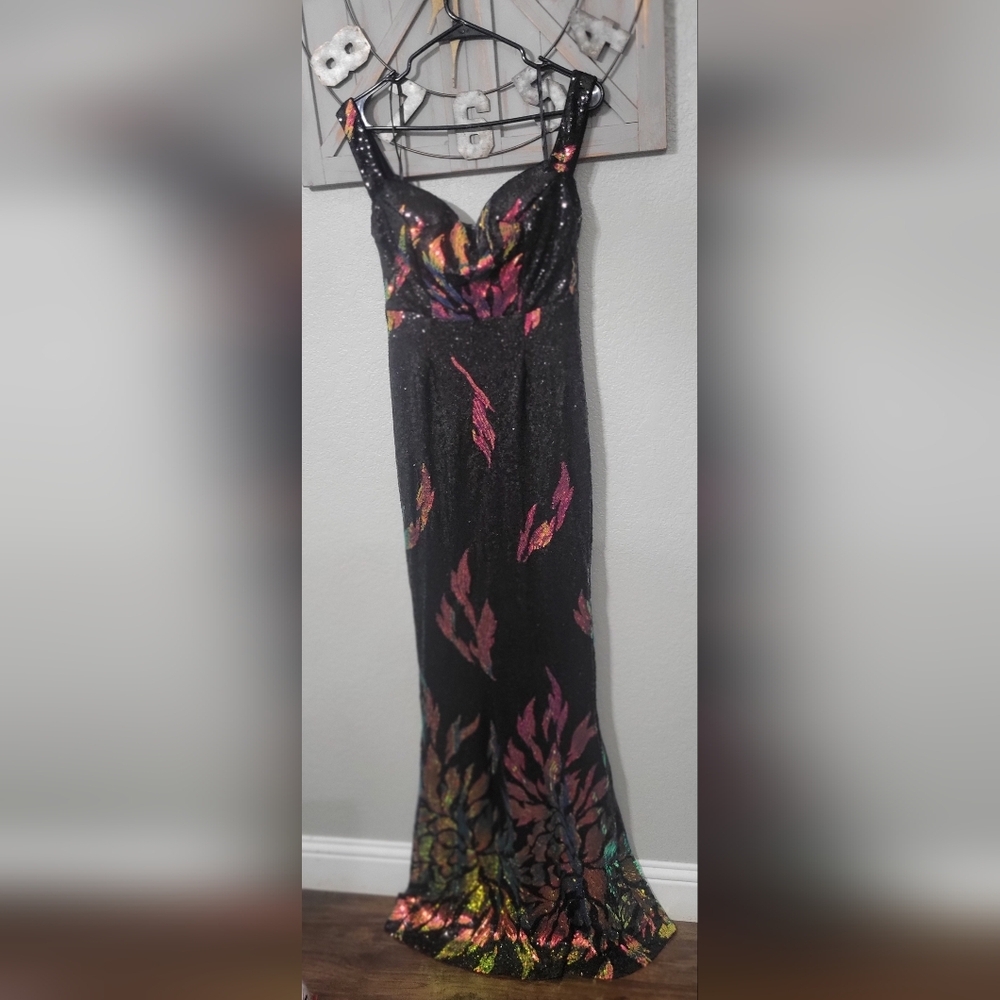 NWT-Love & Lemonade Sequin Mermaid Gown Black Sweetheart Off Shoulder Size L - Picture 4 of 9